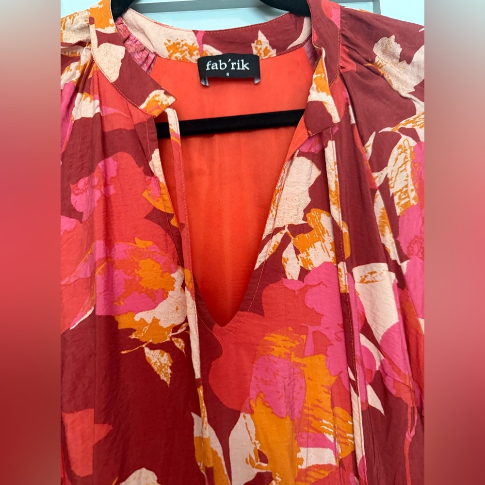 Fabrik Mini Floral Babydoll Dress Red Pink Orange 3/4 Sleeve size small EUC - Picture 6 of 8